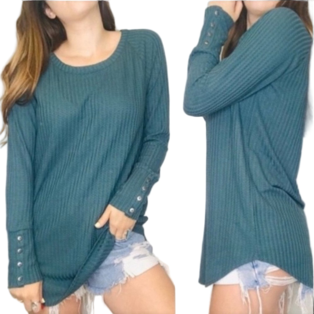 Chaser Teal Textured Blouse waffle raglan long sleeve button cuff thermal topXXL